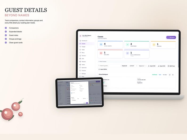 K&ouml;nnte beinhalten: Eine digitale Benutzeroberfl&auml;che, die G&auml;stedetails anzeigt, mit dem Text "GUEST DETAILS BEYOND NAMES". Die Oberfl&auml;che wird auf einem Laptop und einem Tablet angezeigt, mit hellem Hintergrund und rosa Akzenten. Die Oberfl&auml;che enth&auml;lt Optionen f&uuml;r Begleiter, erweiterte Details, Notizen, Gruppen und saubere G&auml;stekarten.