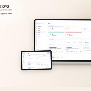 K&ouml;nnte beinhalten: Ein digitales Interface-Design, das Aufgabenverwaltungsfunktionen auf einem Tablet und einem Computermonitor zeigt. Der Bildschirm zeigt Aufgabenansichten, Filter und Planungsdetails an. Der Text lautet "TASK VIEWS CHOOSE YOUR RHYTHM".