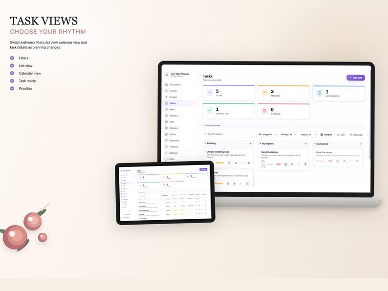 K&ouml;nnte beinhalten: Ein digitales Interface-Design, das Aufgabenverwaltungsfunktionen auf einem Tablet und einem Computermonitor zeigt. Der Bildschirm zeigt Aufgabenansichten, Filter und Planungsdetails an. Der Text lautet "TASK VIEWS CHOOSE YOUR RHYTHM".