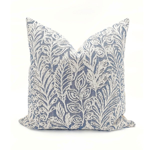 Throw Pillows | Chambray Blue Pillow | Blue Floral Linen Pillow | Embroidered Floral Pillow | Designer Pillow Cover | SOFIE