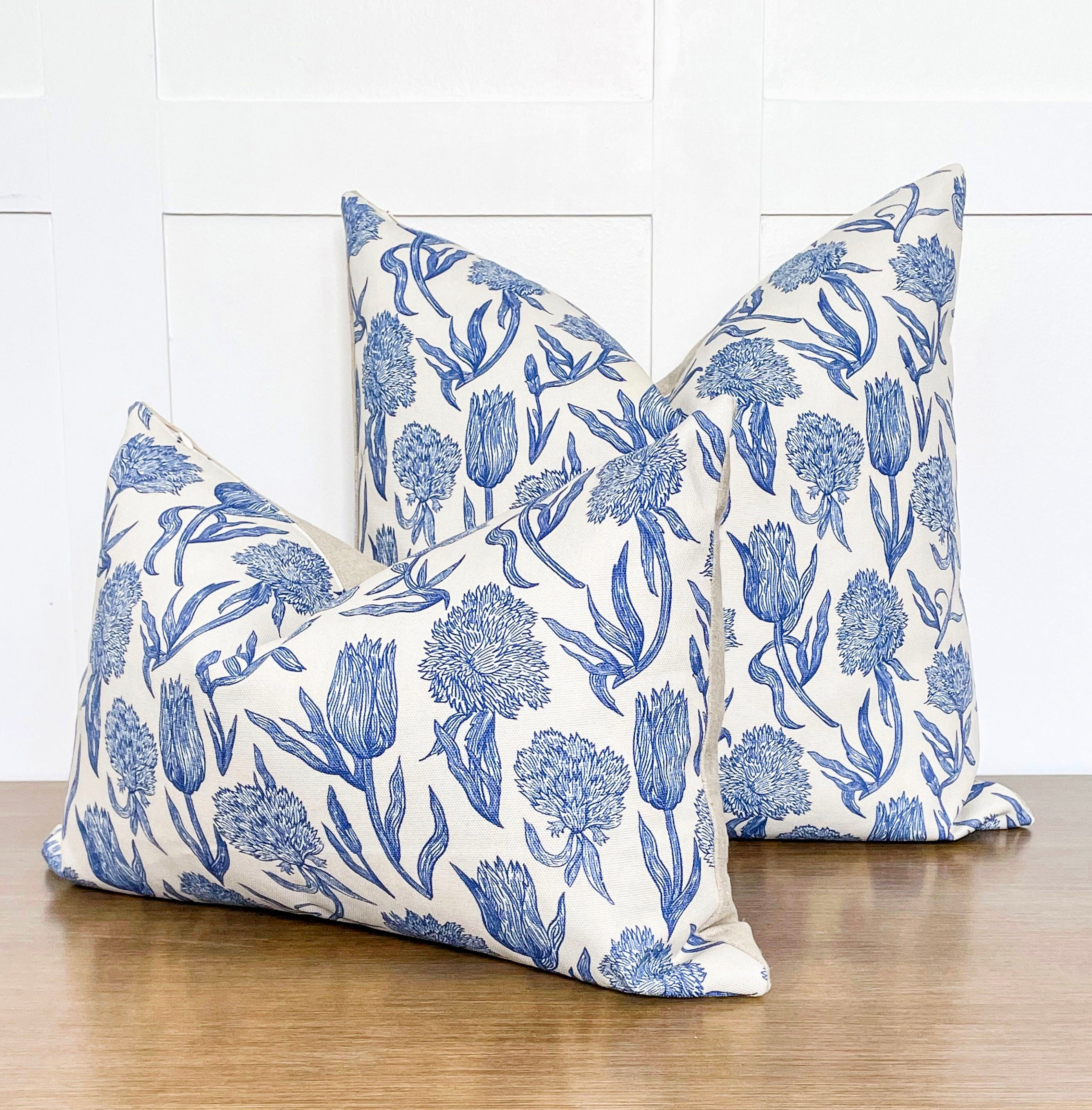 Throw Pillows Blue Floral Pillow dark Blue Cream Pillow Belgian Linen Pillow Handmade Pillow