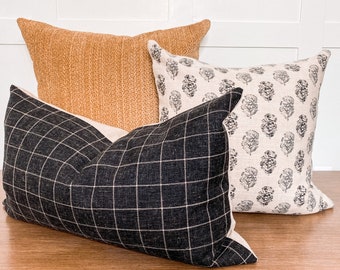 Pillow Combination Set | Pillow Set of 3 | Designer Pillow | Black Windowpane Pillow | Floral Pillow | Camel Pillow | Mustard Pillow