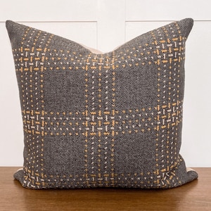 Throw Pillow Charcoal Grey Mustard Plaid Fall Winter Pillow Cover Plaid Pillow Handmade Pillow Cover Designer Pillow Cover POE image 1