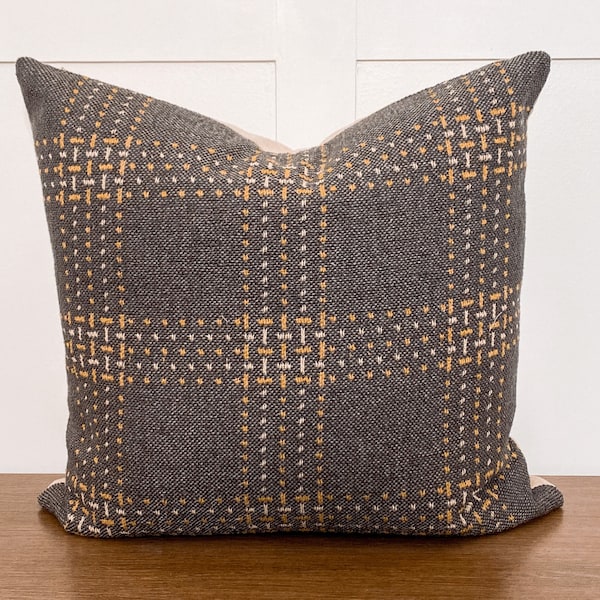 Throw Pillow | Charcoal Grey Mustard Plaid | Fall Winter Pillow Cover | Plaid Pillow | Handmade Pillow Cover | Designer Pillow Cover | POE