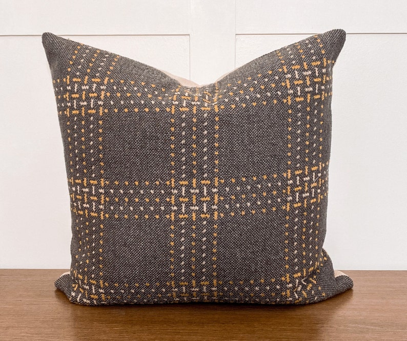 Throw Pillow Charcoal Grey Mustard Plaid Fall Winter Pillow Cover Plaid Pillow Handmade Pillow Cover Designer Pillow Cover POE image 1