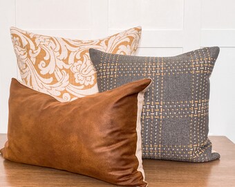 Pillow Combination Set | Pillow Set of 3 | Designer Pillow | Fall Pillow Set | Leather Pillow | Mustard Floral Pillow | Fall Plaid Pillow