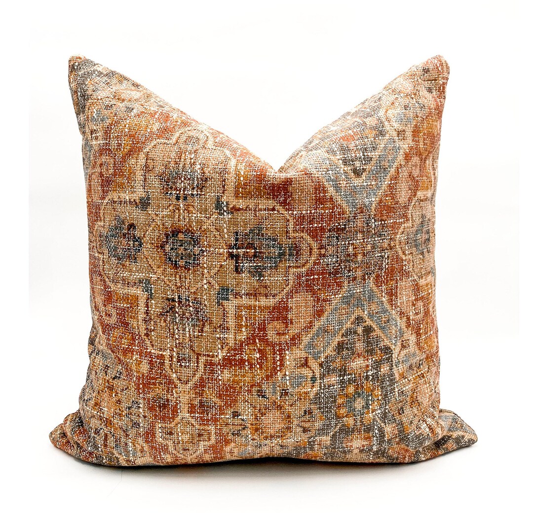 Throw Pillow Rust Gray Pillow Steel Blue Pillow Floral Etsy