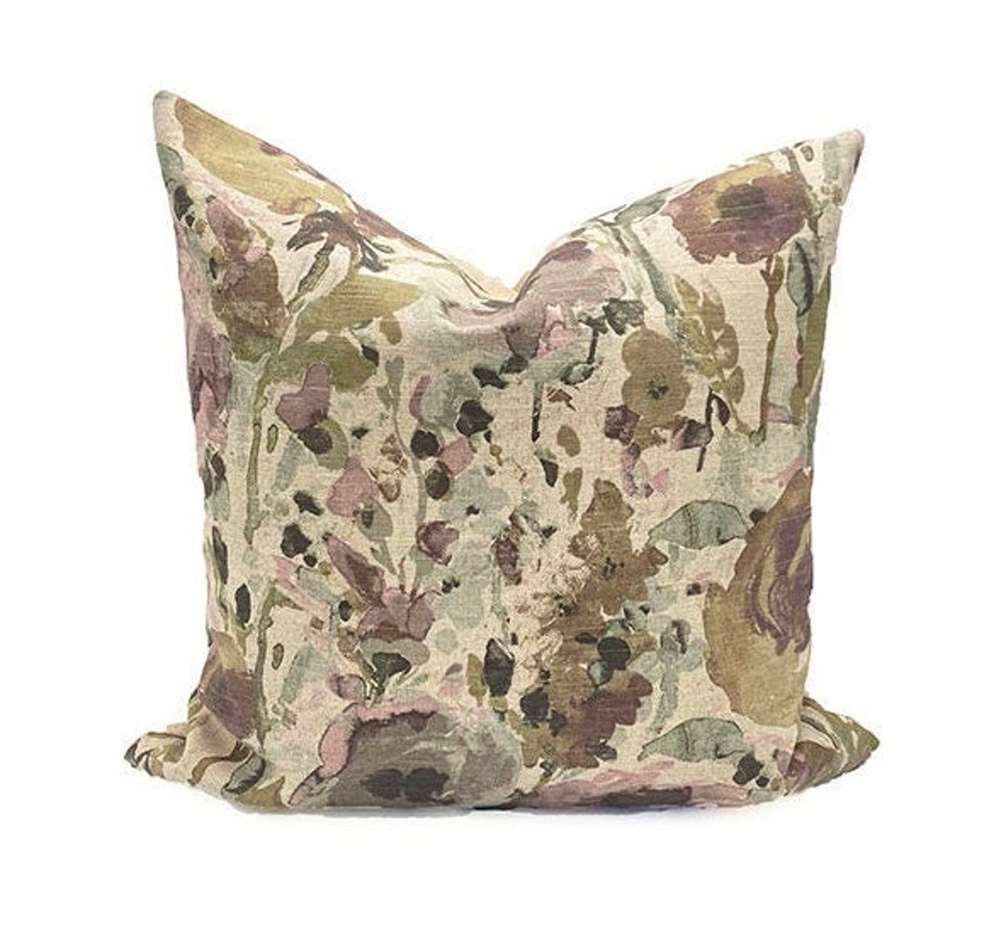 Throw Pillows Plum and Green Floral Pillow Moody Linen Pillow Handmade