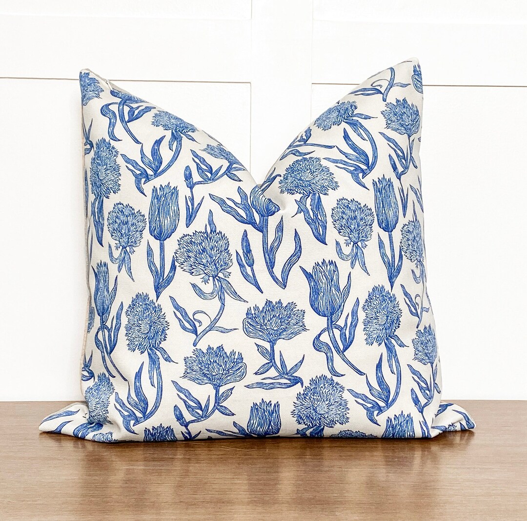 Throw Pillows Blue Floral Pillow dark Blue Cream Pillow Belgian Linen Pillow Handmade Pillow