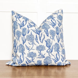 Throw Pillows | Blue Floral Pillow |Dark Blue Cream Pillow | Belgian Linen Pillow | Handmade Pillow Cover | Designer Pillow Cover | ARIA