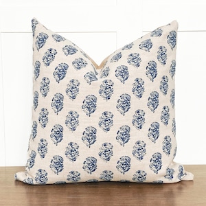 Throw Pillows | Blue Cream Floral Pillow | Floral Linen Pillow | Hand Blocked Pillow | Handmade Pillow Cover |Designer Pillow Cover | DAPHNE