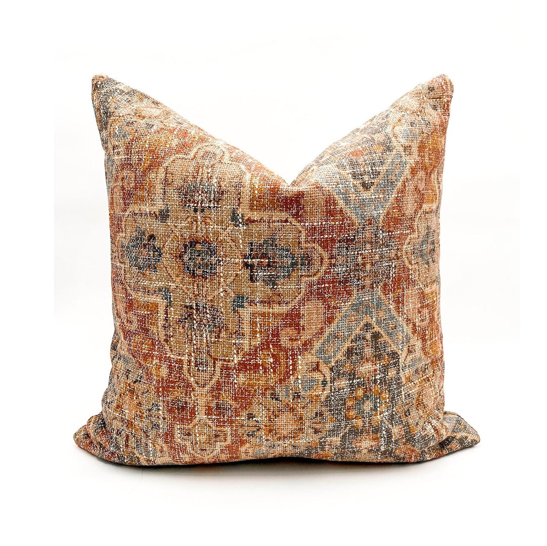 Throw Pillow Rust Gray Pillow Steel Blue Pillow Floral Mosaic Pillows