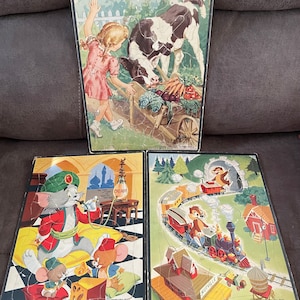 Group Of 3 Vintage Children's Puzzles - Picture Puzzle of Girl & Cow; Tom and Jerry; Chip and Dale