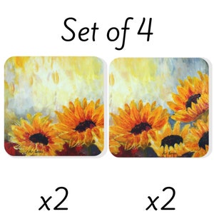 Coaster Set, Sunflower Lover Gift, Floral Coaster, Cork Back Coaster, Flower Coaster Set of 4, Sunflowers Coaster, Art Coaster Gift, Square