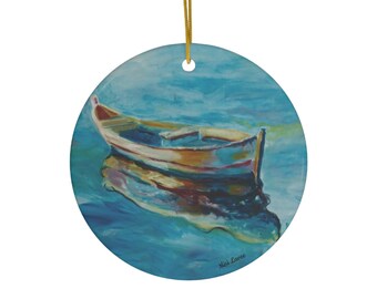 Ceramic Ornament, New Home Gift, Nautical Ornament, New Home Decor, Nautical Decor, Fishing Boat Decor, Boat Wall Decor, Blue Ornament