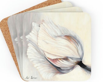 Blumen Untersetzer Housewarminggeschenk, Untersetzer-Set von 4, weiße Blume Korkholz-Untersetzer-Set, Naturliebhaber-Geschenk, Gärtner-Geschenk, Kunst-Untersetzer-Gif,