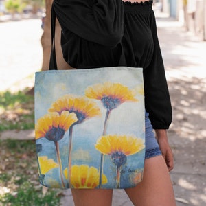 Tote Bag, Aesthetic Tote Gag, Shoulder Bag, Reusable Bag, Unique Gift for Her, Floral Bag, Artsy Tote Bag, Art Tote Bag, Blue, Yellow Flower