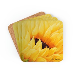 Sunflower Coaster Set, Sunflower Lover Gift, Corkwood Coaster Set of 4, Yellow Flower Coasters Gift for Her, Housewarming Gift, Art Coasters