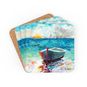 Juego de posavasos de barco de pesca, regalo náutico, regalo de amante del mar, regalo del océano, juego de posavasos de corcho de 4, posavasos de colores, posavasos náuticos