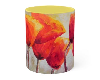 Kaffeebecher, Blumenbecher, 11 Unzen Becher, Mohnblumengeschenk, Mohnblumenliebhabergeschenk, Kunstbecher, Naturliebhabergeschenk, Keramikbecher Geschenk für Frauen, Becher für Mama