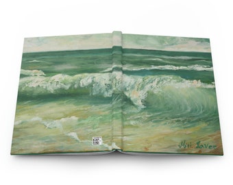 May include: An open book with a painting of a green ocean with white waves crashing on a sandy beach. The book is titled "Muri Laver".
