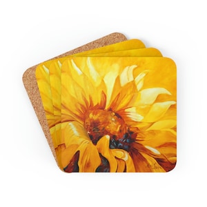Sunflower Coaster Set, Sunflower Lover Gift, Corkwood Coaster Set of 4, Yellow Flower Coasters Gift for Her, Housewarming Gift, Art Coasters