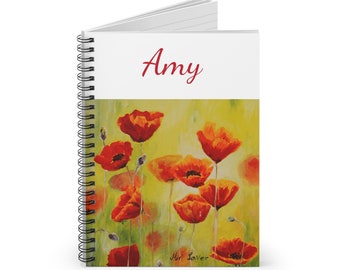 May include: A spiral bound notebook with a personalized name "Amy" on the front cover. The cover features a painting of red poppies against a yellow background.