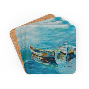 Juego de posavasos de barco de pesca de 4, regalo de amante del mar, regalo del océano, juego de posavasos de corcho, posavasos colorido, regalo náutico, posavasos náutico