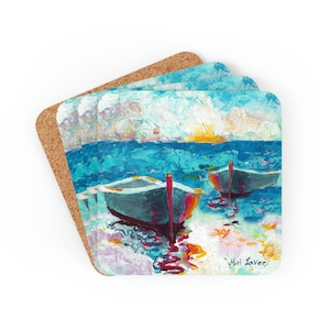Juego de posavasos de barco de pesca, regalo de amante del mar, regalo del océano, juego de posavasos de corcho de 4, posavasos colorido, regalo náutico, posavasos náutico, regalo de arte