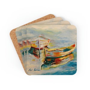 Juego de posavasos de barco de pesca, regalo de amante del mar, regalo del océano, juego de posavasos de corcho de 4, posavasos colorido, regalo náutico, posavasos náutico