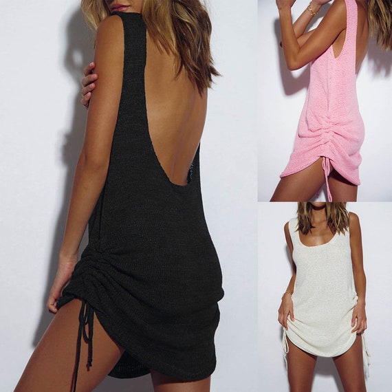 Sexy Drawstring Solid Color Sweater Dress, Back Out Tank Dress, Lounge Wear