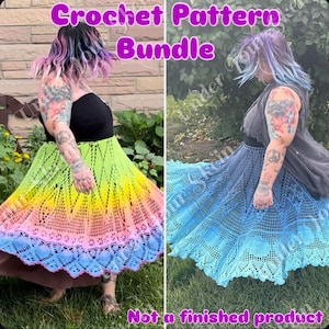 Puede incluir: Se muestran dos diseños de faldas de ganchillo. Uno es un degradado arcoíris, el otro es azul. El texto "Crochet Pattern Bundle" está en la parte superior y "Not a finished product" en la inferior. Las faldas tienen un diseño de encaje.