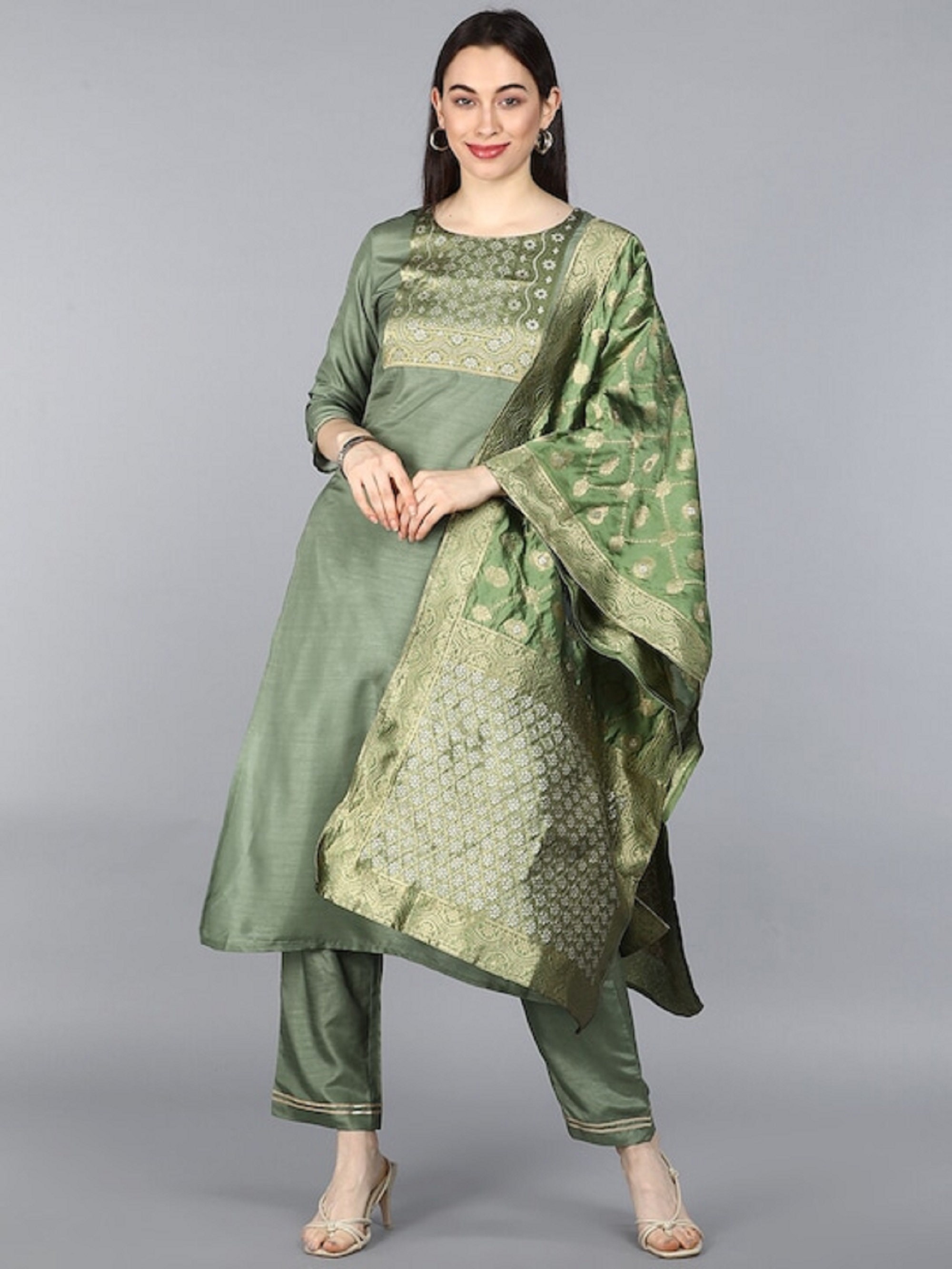 Divena Light Green Hand Painted Floral Anarkali Kurta Pant Set with Du –  divena world