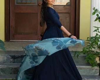 Urbane Elegant Navy Blue Tafetta Silk Women Gowns Embroidered Kurta with Churidar and Dupatta, Wedding Dress,