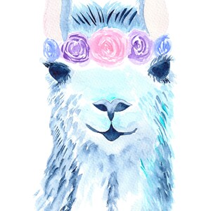 May include: Watercolor painting of a llama with a flower crown. The llama is light blue with a pink nose and dark blue eyes. The flower crown is made of pink, purple, and blue flowers.