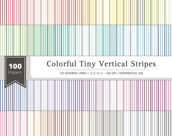 Colorful Tiny Vertical Stripes Graphic Paper, 100 Scrapbooking Paper Sheets, Striped Patterns, Digital Paper Printable Letter Size Rainbow