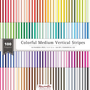 Colorful Medium Vertical Stripes 100 Digital Paper Pack, Scrapbooking Paper, Rainbow Stripes, Stripe Background Paper, Medium Stripe Graphic