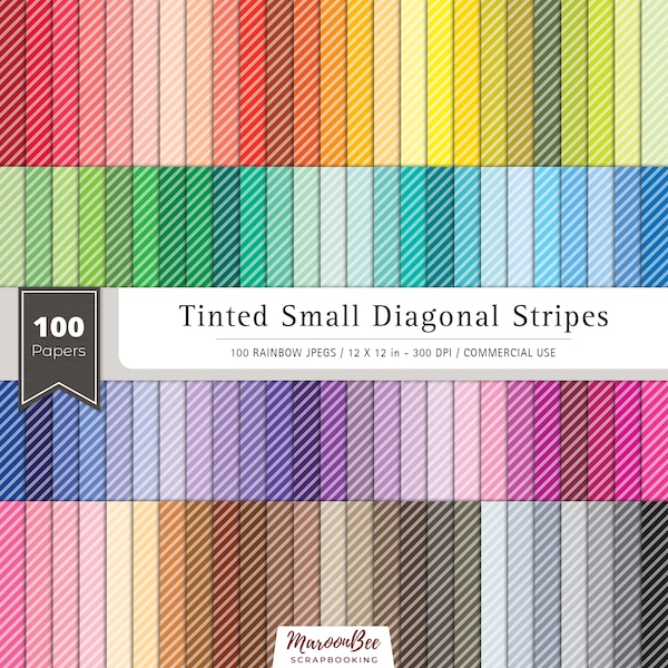 Tinted Small Diagonal Stripes Digital Paper, Digital Scrapbooking Sheets, Diagonal Stripes, 100 Color Palette, Rainbow Stripes, Digi Paper