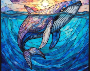 Stained Glass Whale Wall Art | Ocean Sunset Nautical Home Décor | Vibrant Blue & Purple Whale Artwork