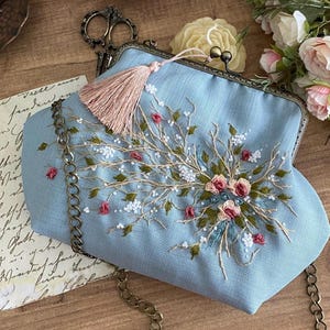 Blue Embroidered Clutch bag or Crossbody Bag - Handmade Embroidered Clutch Bag - blue Floral Clutch Bag -Vintage Bag - Lace Floral Rose Bag