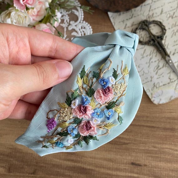 Handmade Blue Headband- Handband -floral Hand Embroidered  display picture 1