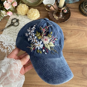 Embroidered Sun Hat -  Floral Hat - Baseball Cap - Baseball Hat - Embroidered Denim Cap - Embroidered Flower Hat- Vintage Hat - Denim Hat