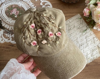 Embroidered Sun Hat -  Floral Hat - Baseball Cap - Baseball Hat - Embroidered Denim Cap - Embroidered Flower Hat- Vintage Hat - Denim Hat