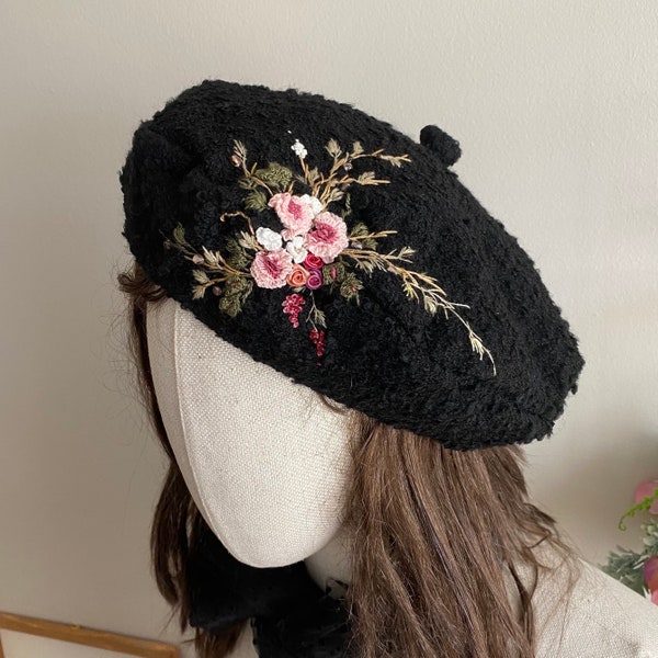 Béret français brodé - béret français floral - béret français vintage - chapeau brodé