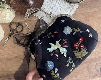 Handmade Floral Embroidered Hand Bag - Embroidered  Vintage Black Bag with chain