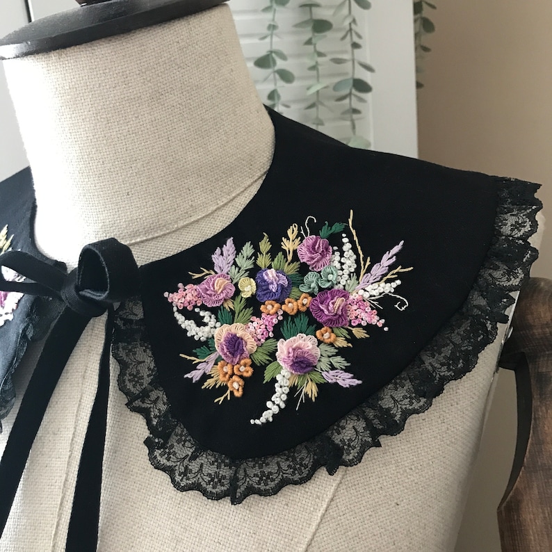 Black Peterpan Collars ,Embroidered peterpan collar ,detachable collar, embroidered collar,peter pan collar, vintage collar image 3