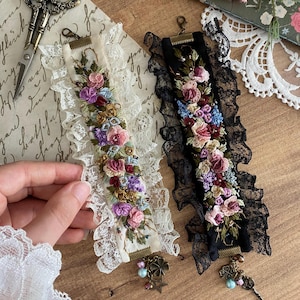 Handmade Embroidered Bracelet, Fabric Cuff Bracelet, Adjustable Bracelet, Floral 3D Roses Bracelet , Embroidered Vintage Lace Bracelet