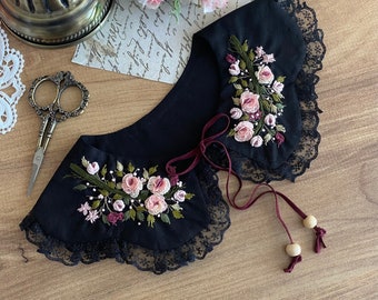 Embroidered peterpan collar ,detachable collar, embroidered collar,peter pan collar, vintage collar , black floral collars