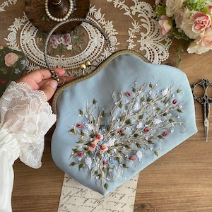Blue Embroidered Clutch bag or Crossbody Bag - Handmade Embroidered Clutch Bag - blue Floral Clutch Bag -Vintage Bag - Lace Floral Rose Bag