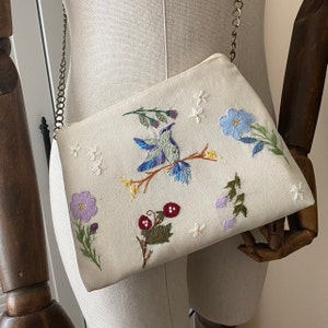 Bolsa para telefone bordada - Bolsa carteira bordada - Bolsa tote bordada - Bolsa tiracolo com pássaro floral - Bolsa organizadora - Bolsa bordada